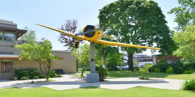 Airplane in front of Dunnville Library