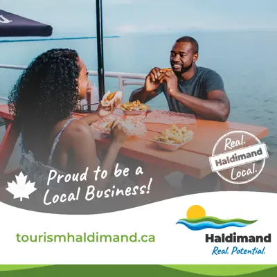 proud to be a local business template with a couple eating in the background