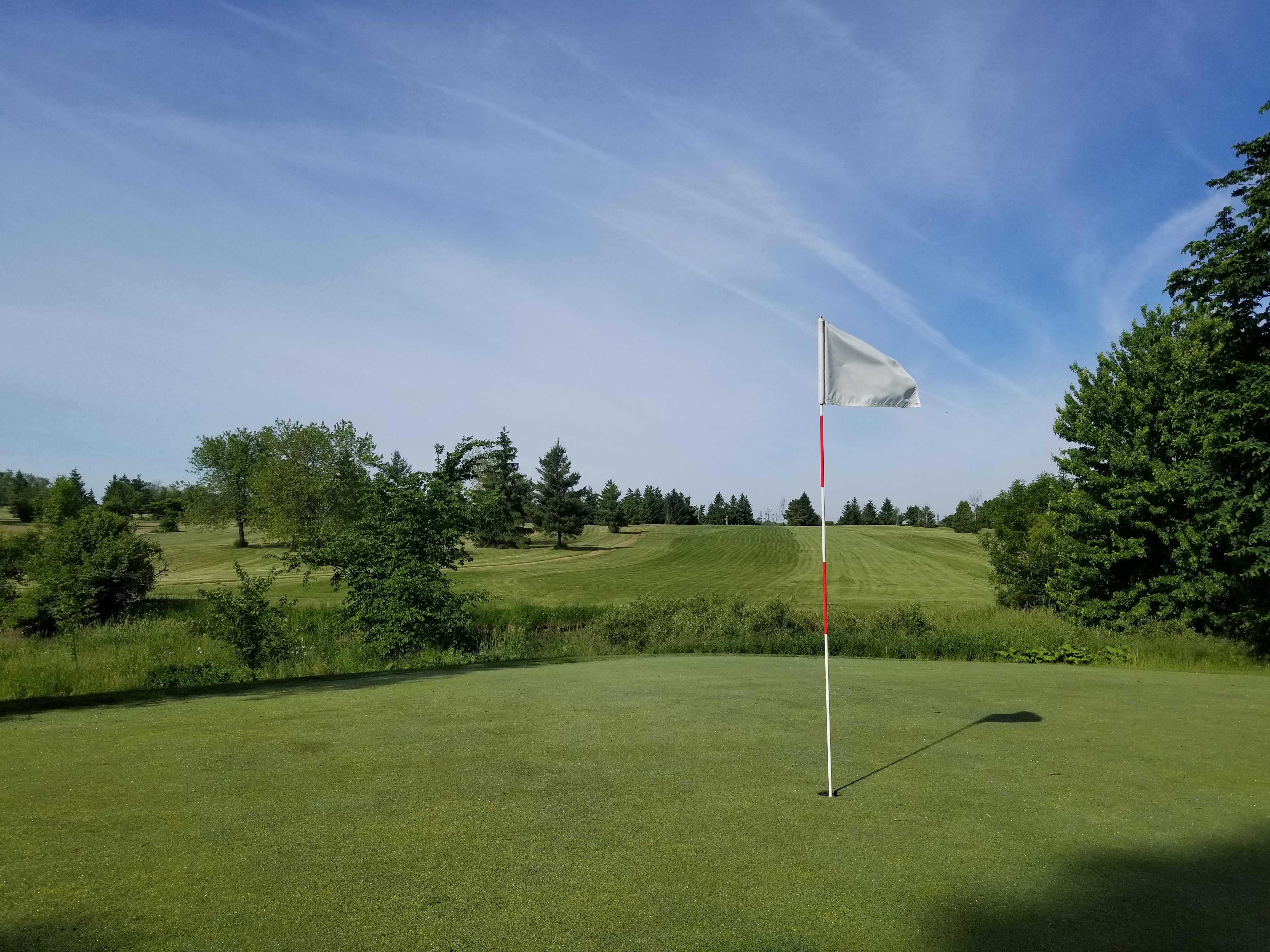 A golf course with a flag on the green