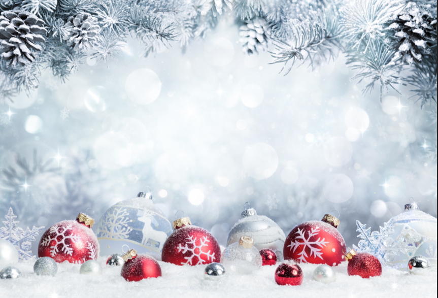 Snow background with Christmas ornaments on the ground
