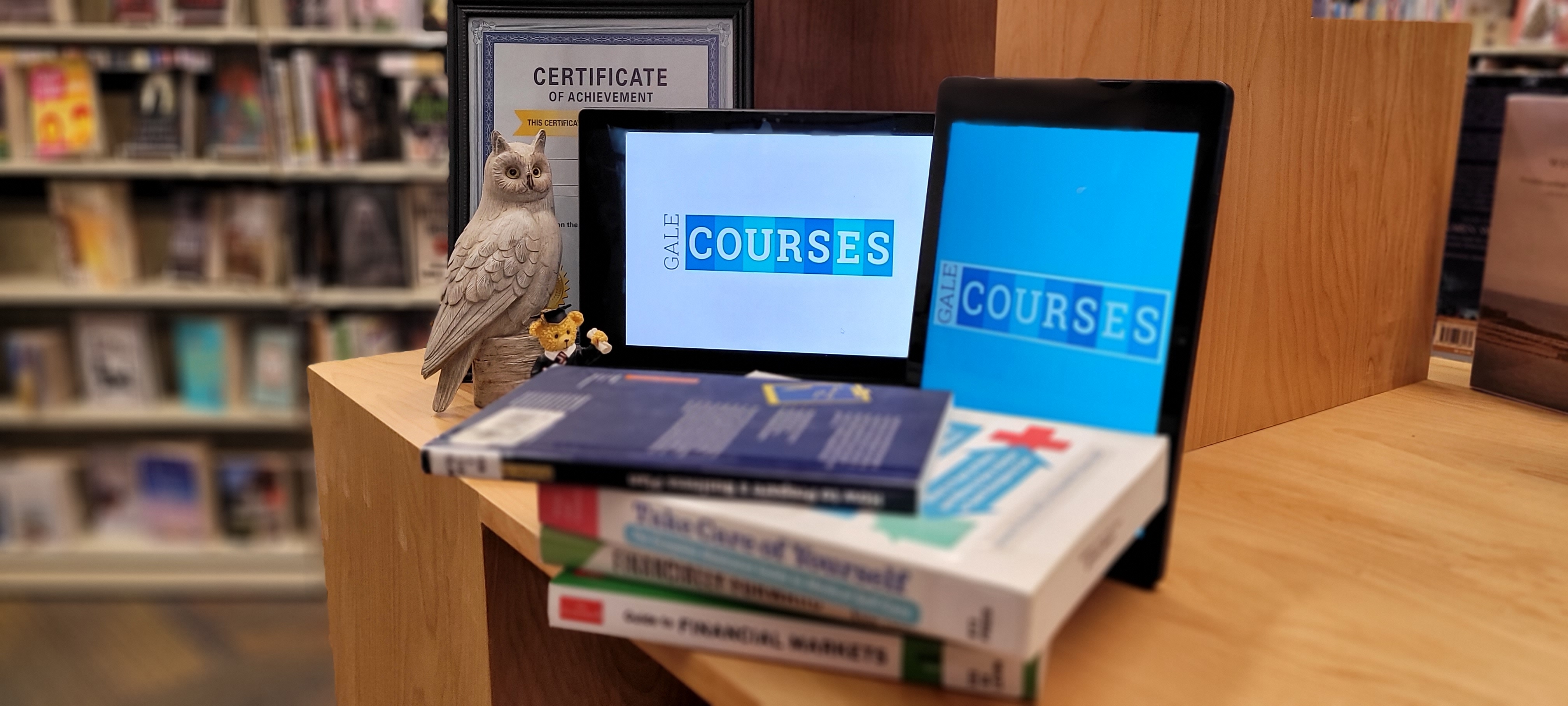 laptop and tablets with owl and teddy bear with graduation cap and self guided learning books