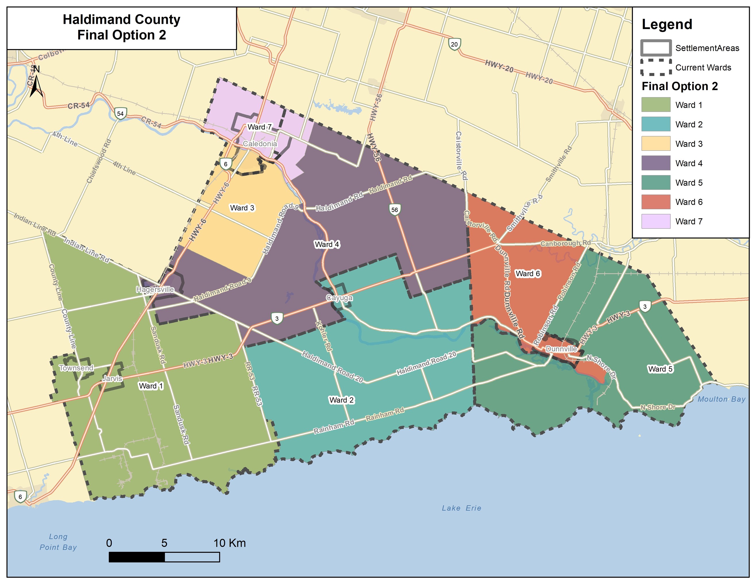 A map of Haldimand County ward boundaries for final option two with seven wards.